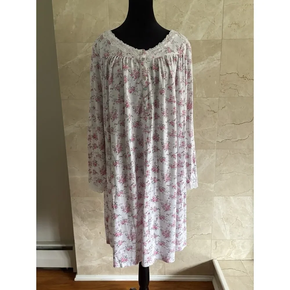 Eileen West Long Sleeve Floral Chemise Nightgown XL Pink Lace Cottage Trad Wife